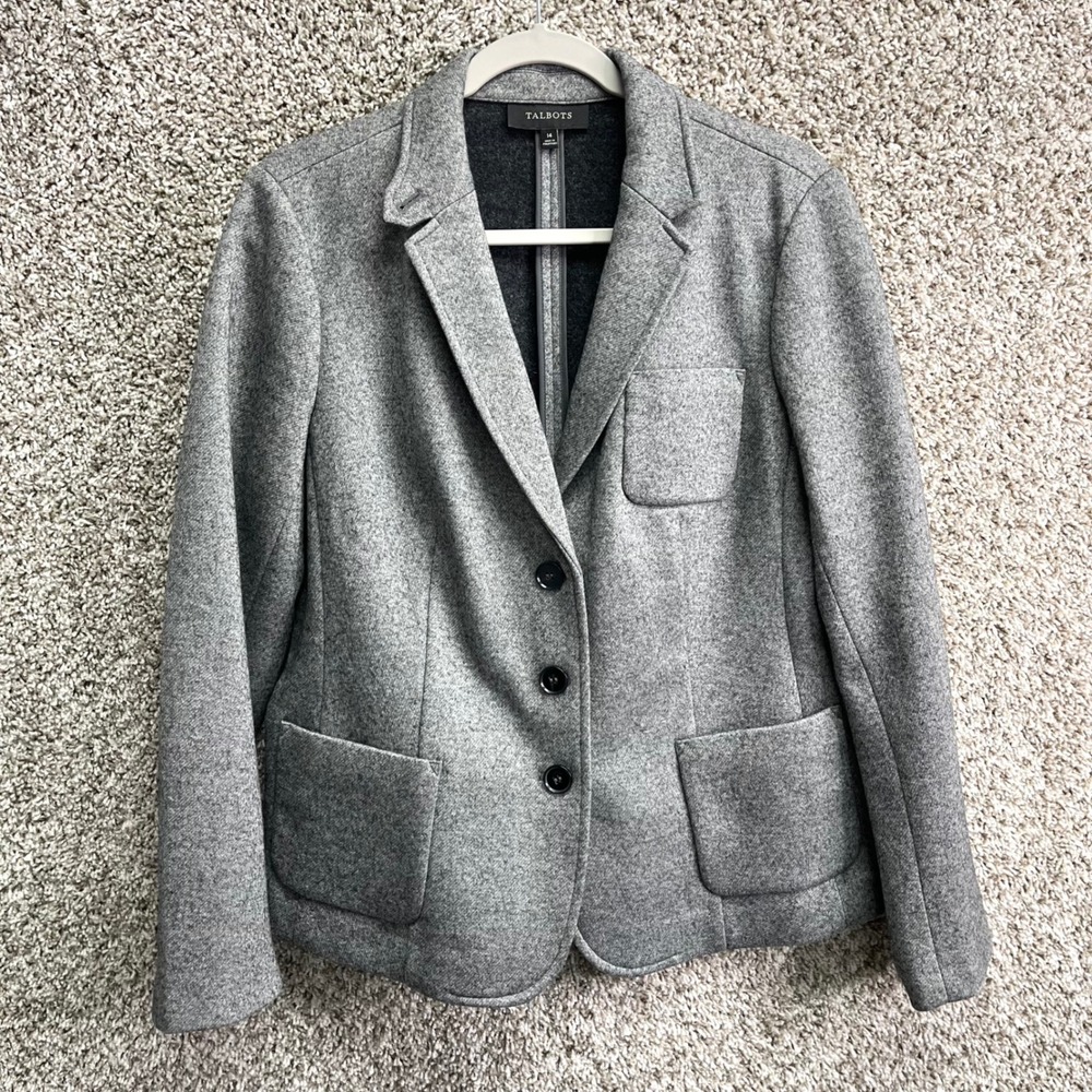 Talbots Blazer Women's 14 Gray Wool‎ Blend Three-Button Patch Pocket Jacket